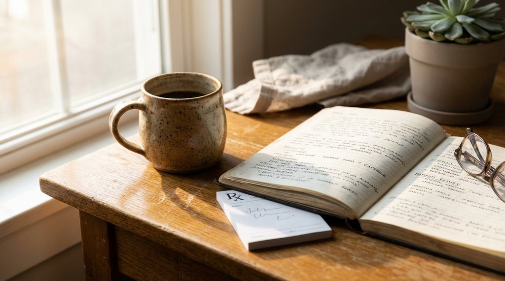 Coffee cup and anxiety journal on a clinical desk