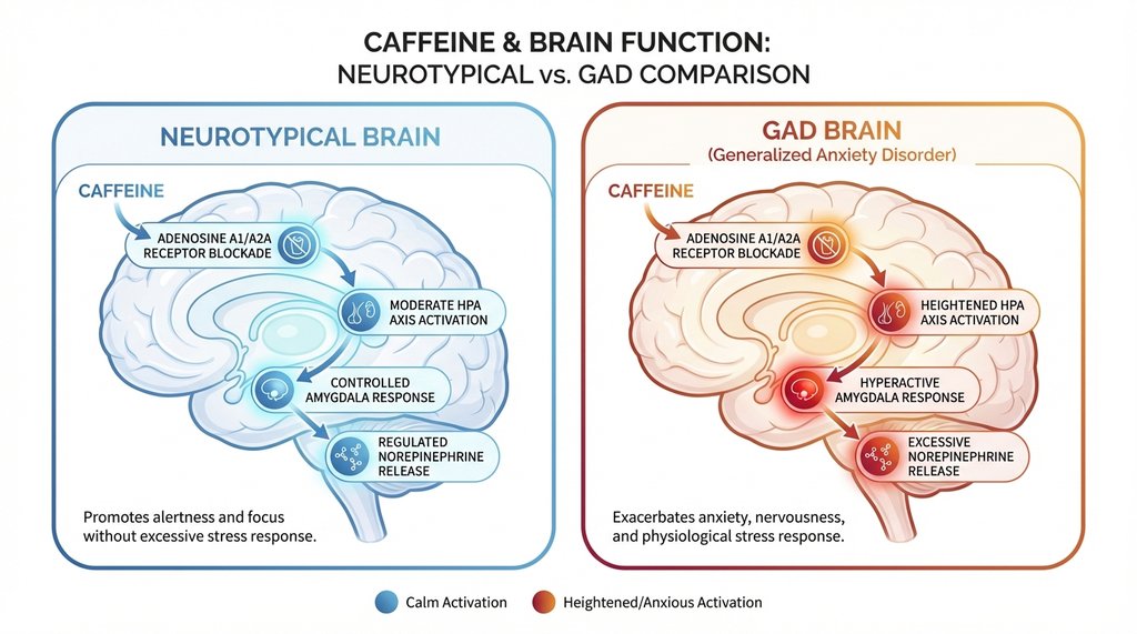Infographic comparing caffeine's neurological effect in neurotypical vs GAD brain