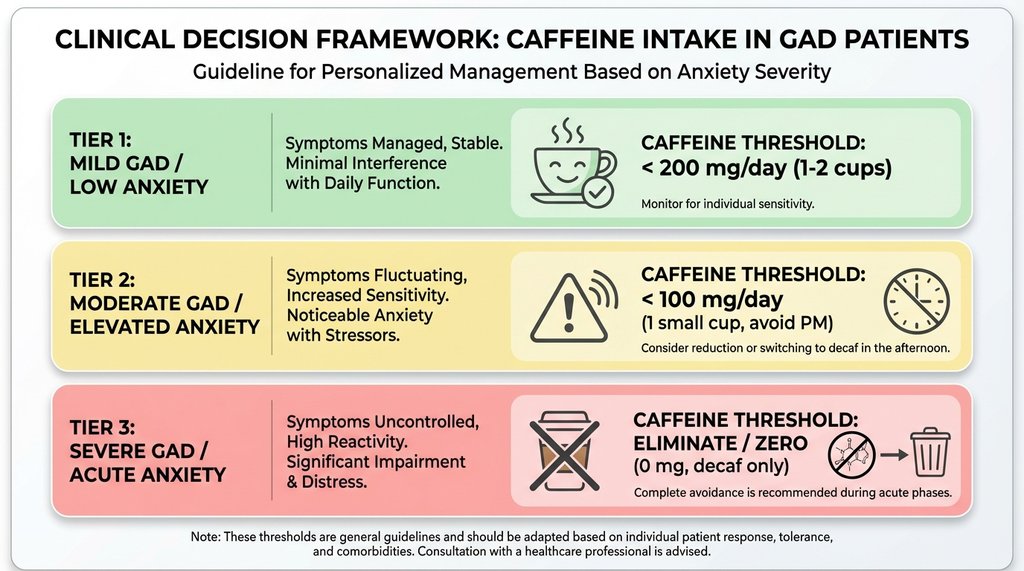Three-tier clinical framework infographic for GAD caffeine guidelines
