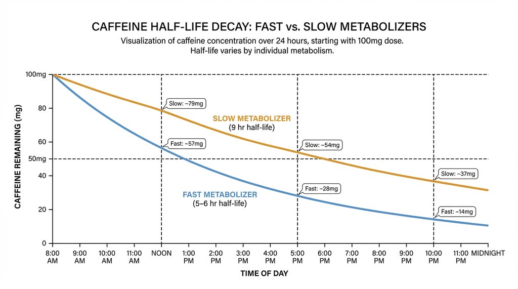 Half-life decay curve infographic comparing fast and slow CYP1A2 caffeine metabolizers