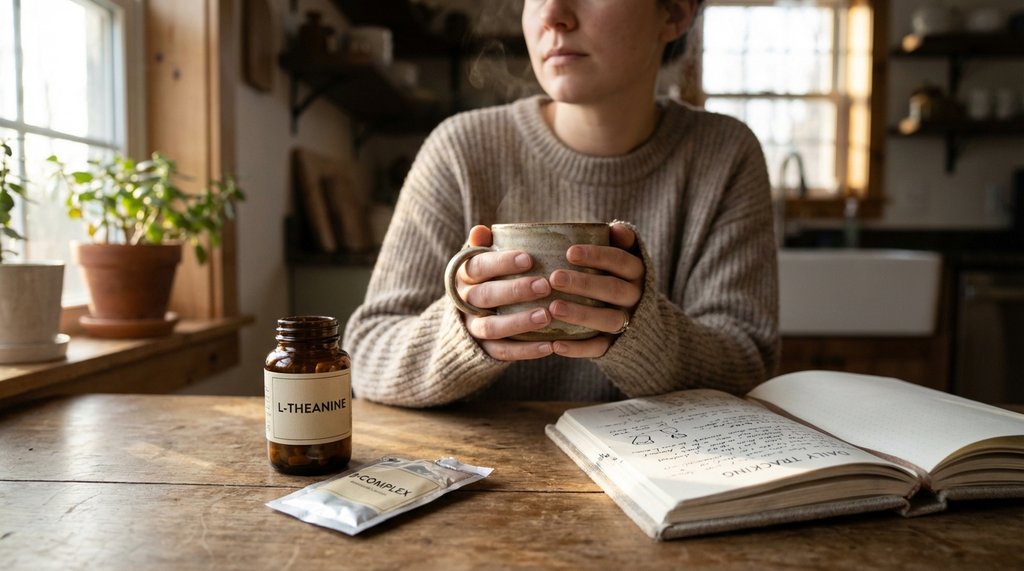 Person managing caffeine withdrawal at home with supplements and a journal