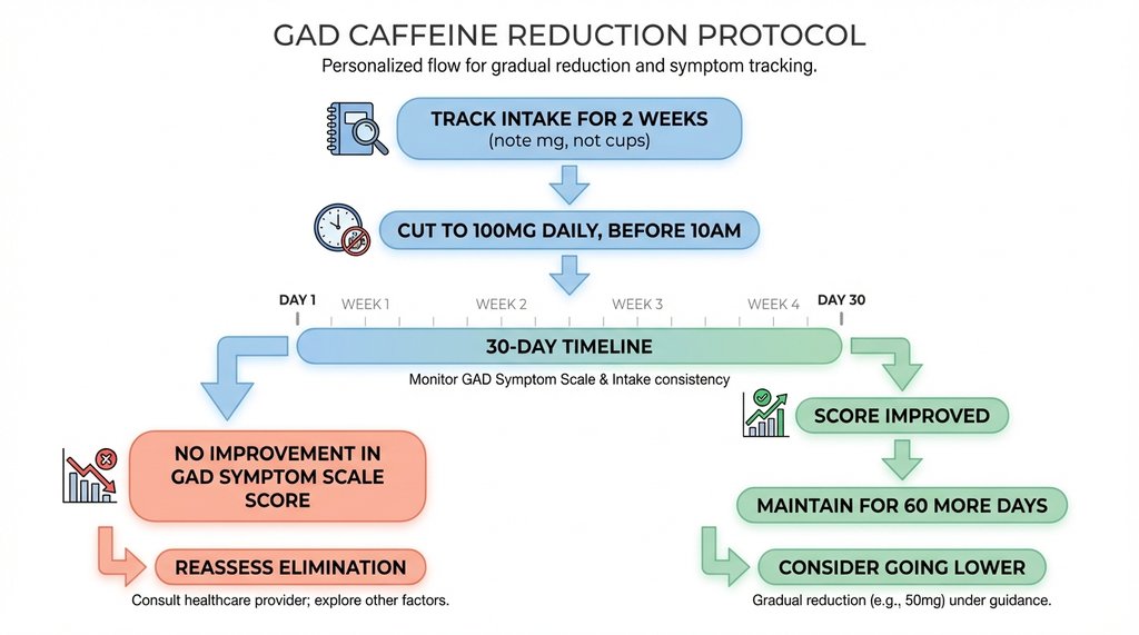 Step-by-step decision flowchart for GAD caffeine reduction protocol