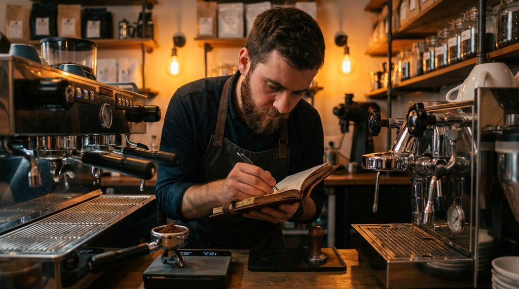 Barista logging espresso extraction variables at a professional espresso station