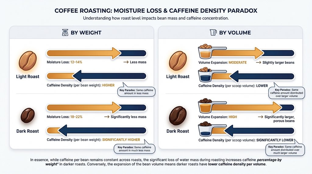 Infographic comparing caffeine content by weight vs volume in light and dark roast coffee beans