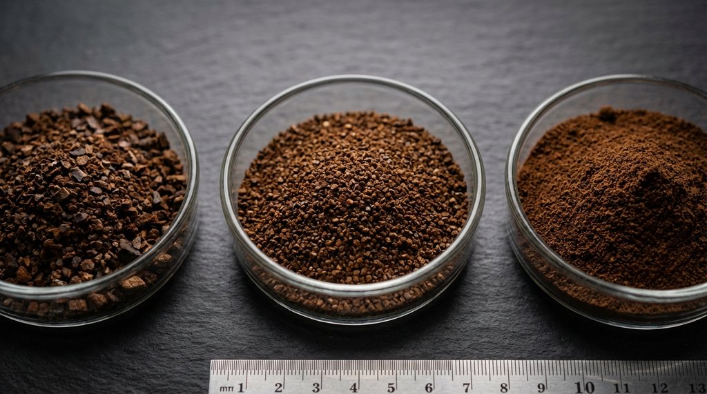 Close-up side-by-side comparison of coffee grind particle sizes from coarse to fine