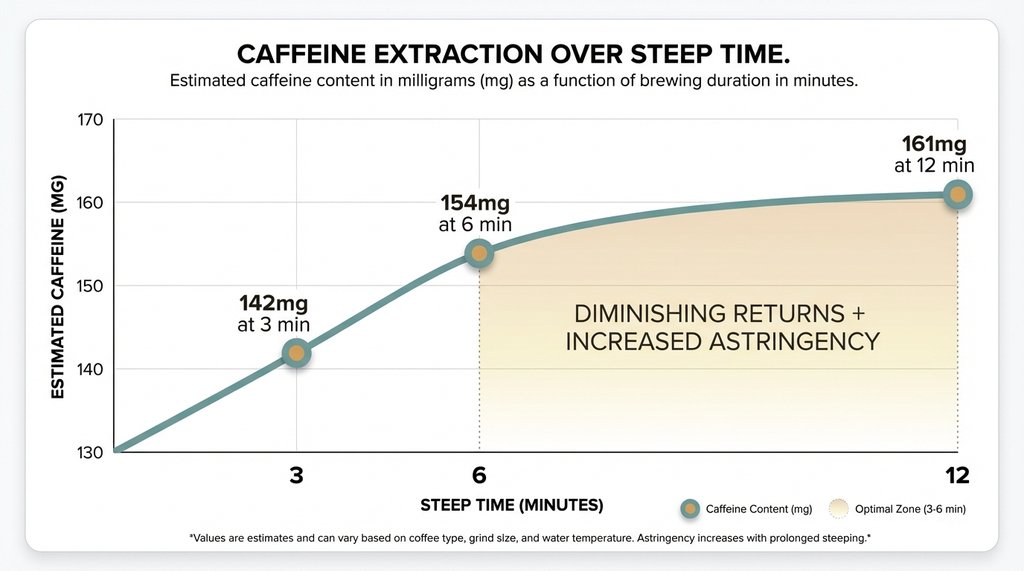 Infographic showing caffeine yield vs steep time for immersion brew at 3, 6, and 12 minutes