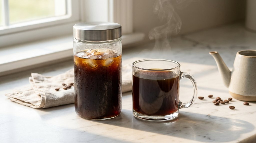 Cold brew coffee jar next to a hot filter coffee cup with a comparison label