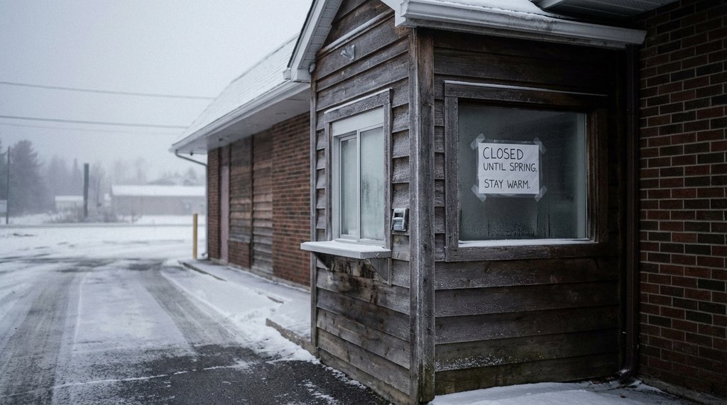 Copper Cup Coffee drive-thru closure sign in winter