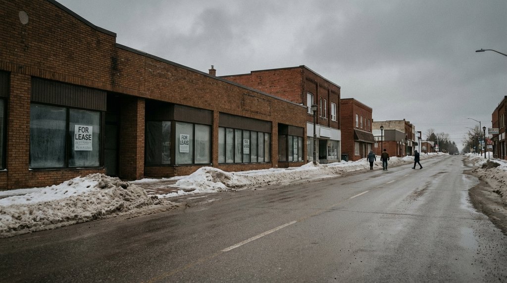 Empty commercial street in downtown Sudbury with vacant storefronts in winter