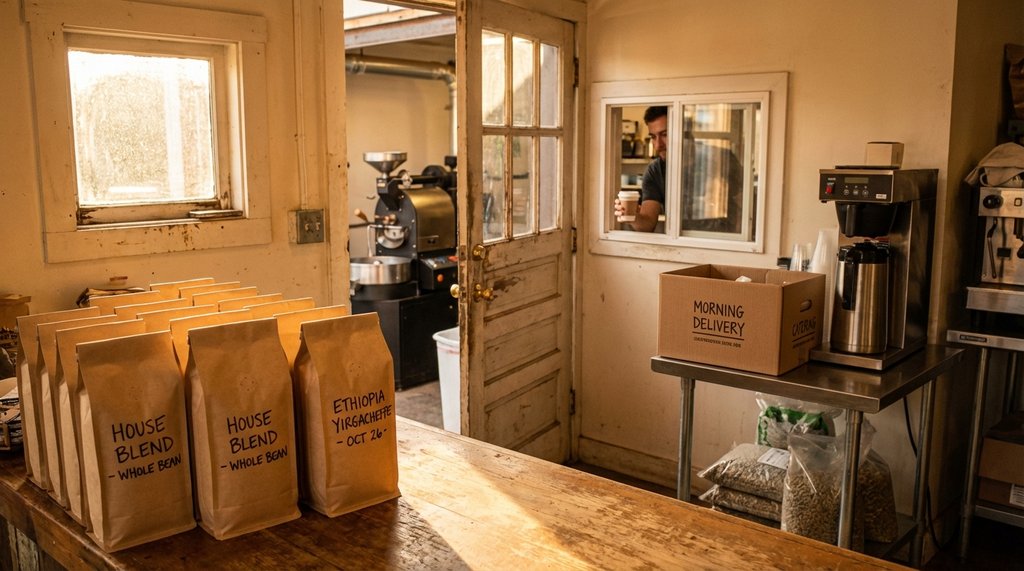 Small hybrid coffee operation with bagged wholesale beans and a catering setup