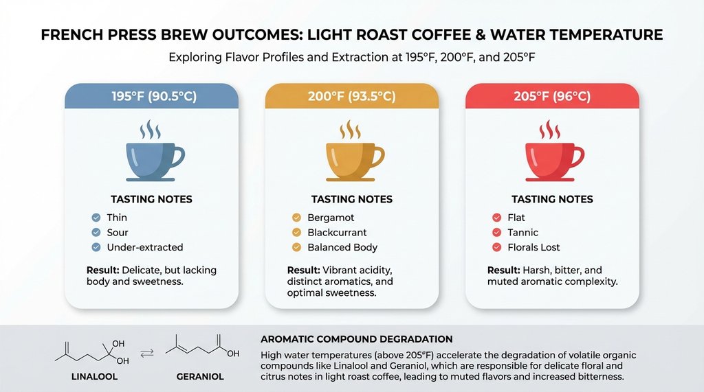 Infographic comparing brew results at 195°F, 200°F, and 205°F