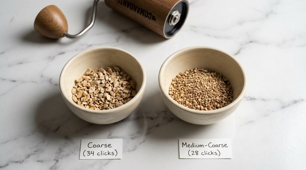 Side-by-side comparison of coarse vs medium-coarse coffee grind on a white surface