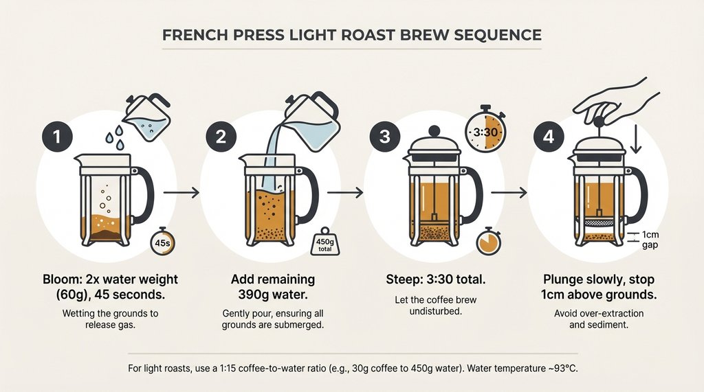 Step-by-step French press bloom process infographic