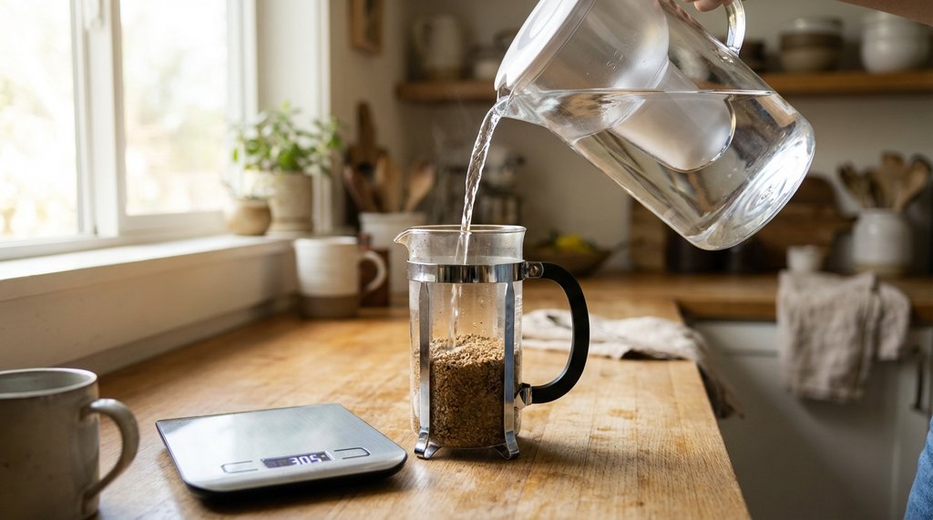 Filtered water being poured into a French press beside a Soma pitcher
