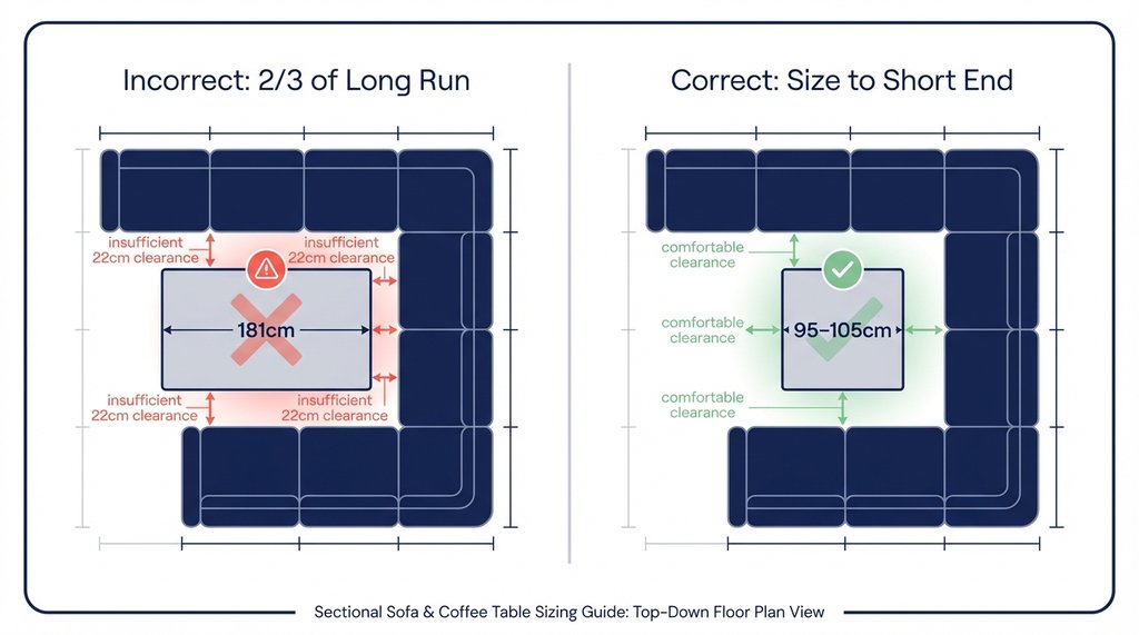 Infographic comparing correct vs incorrect coffee table sizing for L-shaped sectional