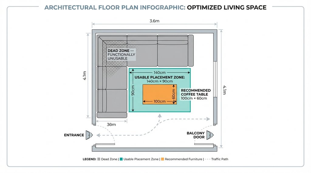 Infographic showing interior corner dead zone of L-shaped sectional floor plan