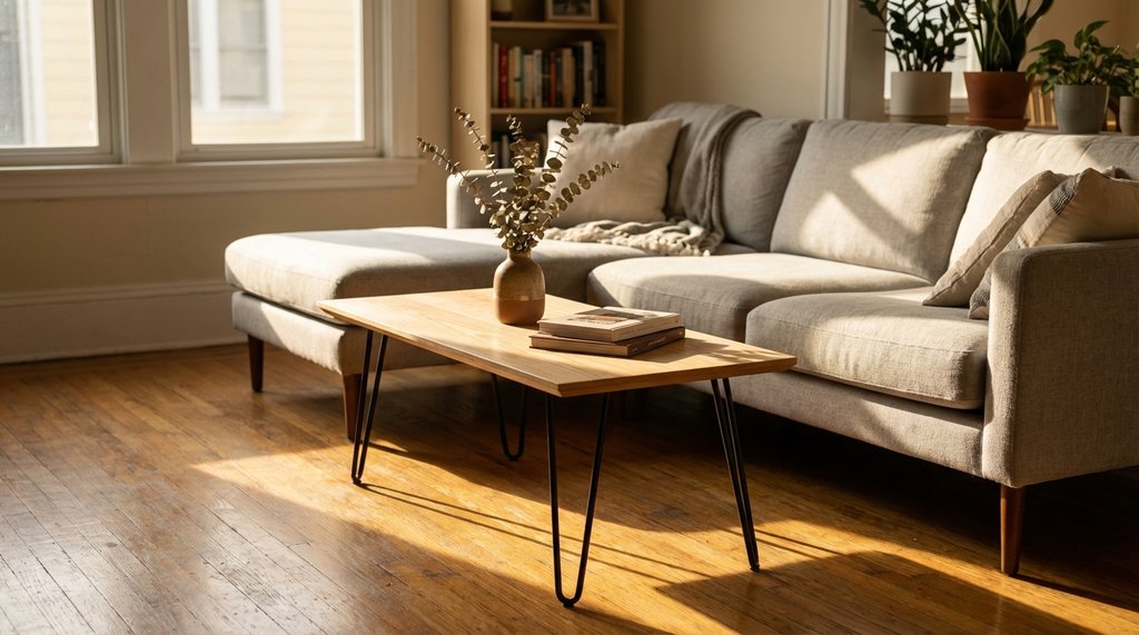 Low rectangular coffee table with hairpin legs in front of an L-shaped sectional