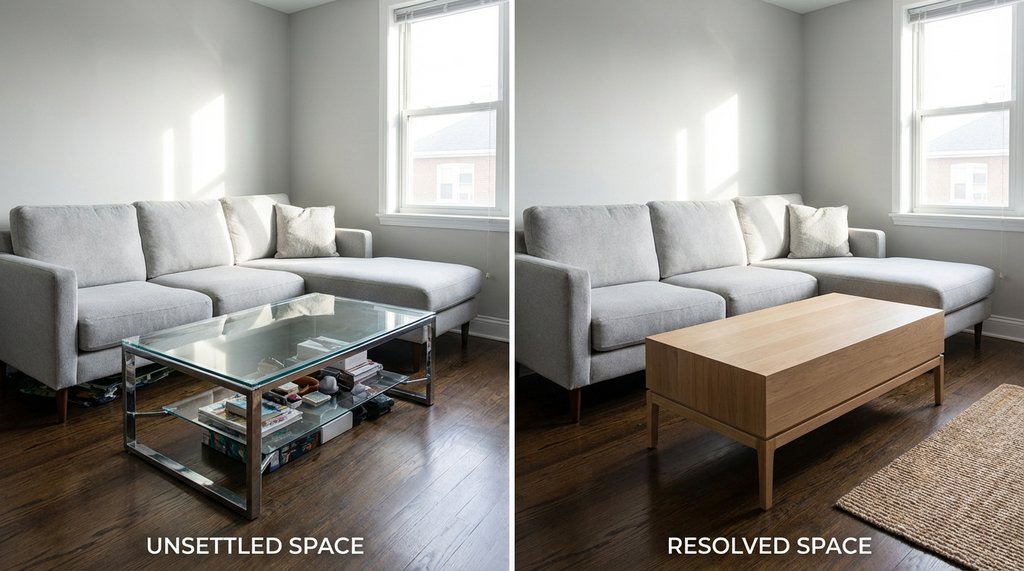 Side-by-side comparison of glass coffee table vs solid wood coffee table in small living room