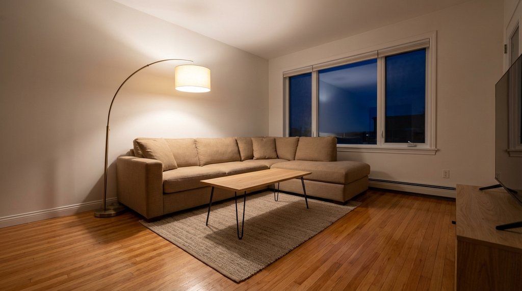 Finished small living room with perfectly proportioned coffee table centered on seating zone