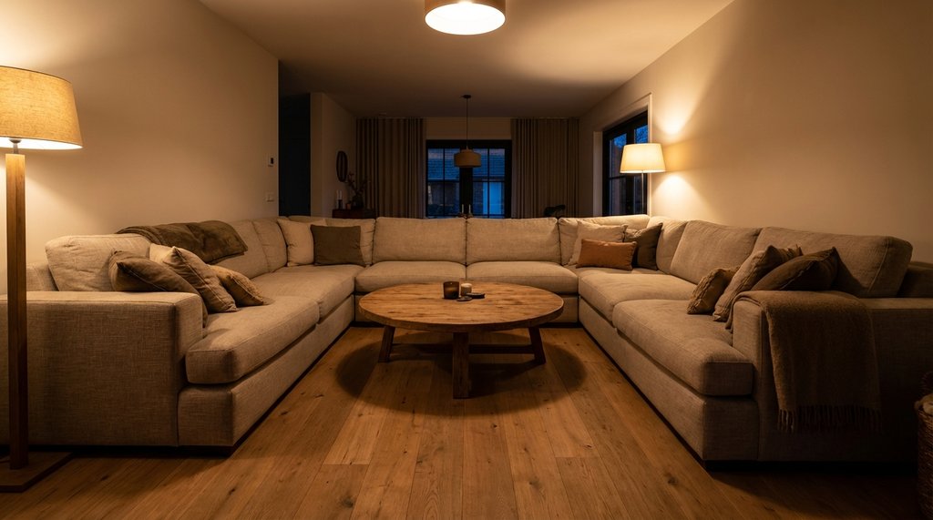 U-shaped sectional with oversized round coffee table