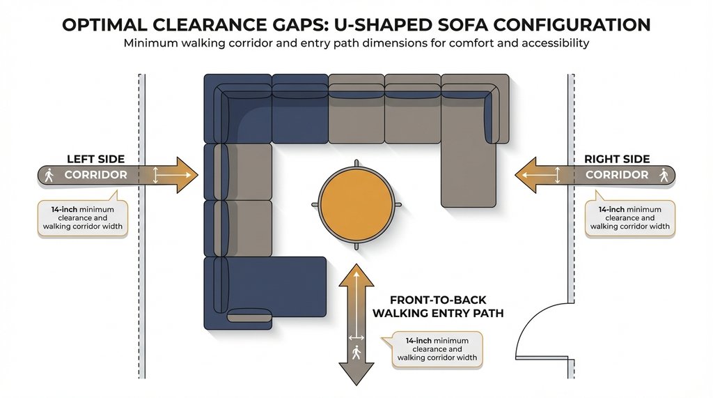 Infographic showing U-shaped sofa clearance constraints diagram