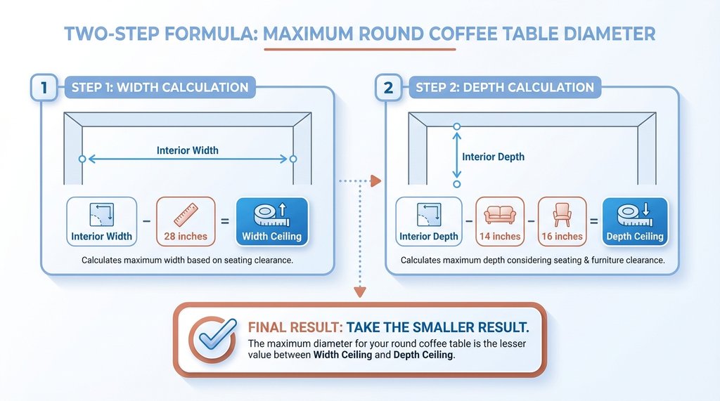 Step-by-step infographic of the two-constraint coffee table diameter formula