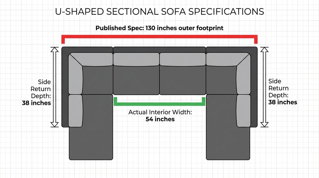 Infographic comparing outer sofa footprint dimensions versus interior width measurement