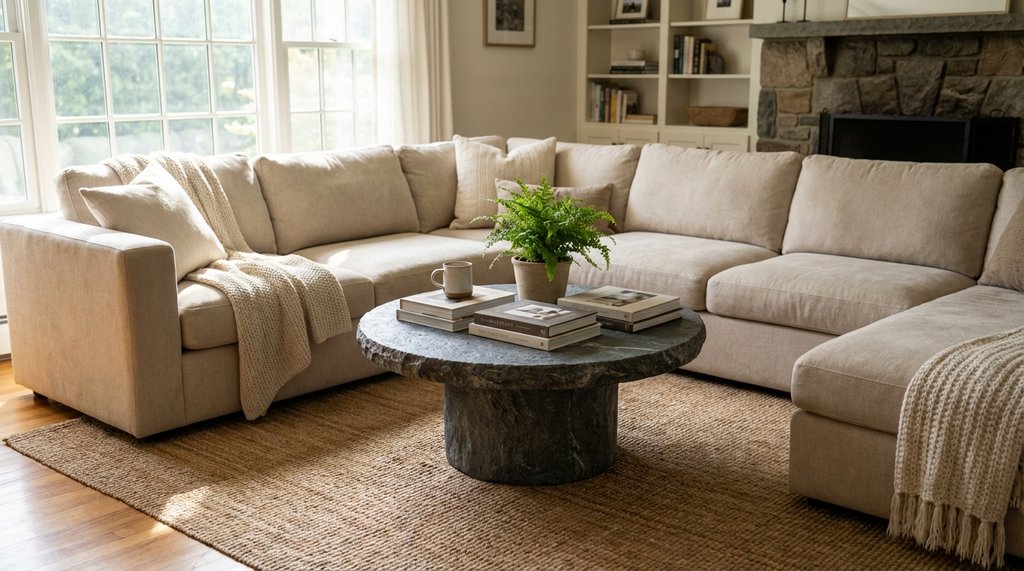 Well-proportioned smaller round coffee table inside a U-shaped sectional sofa