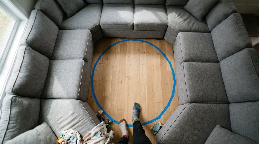 Painter's tape circle on floor inside U-shaped sectional sofa for coffee table sizing test