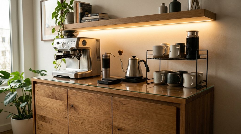 Completed renter-friendly coffee bar sideboard setup
