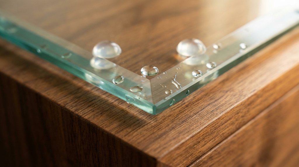 Tempered glass panel on wood sideboard surface with silicone bumper pads