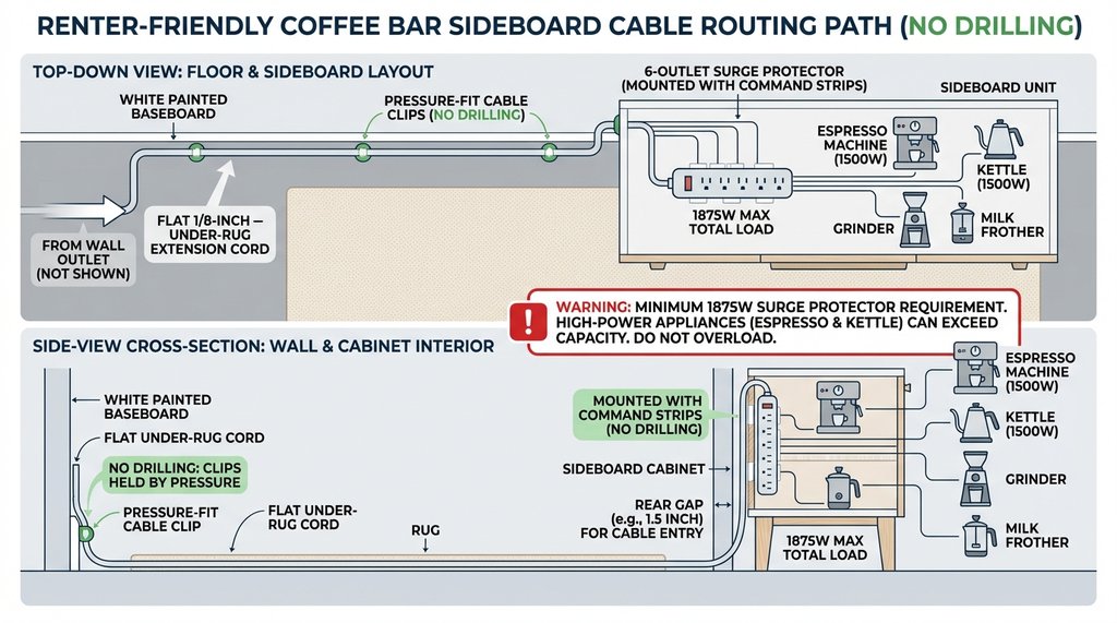 Renter-friendly cable routing diagram for sideboard coffee station