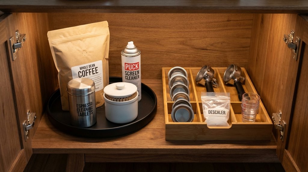 Organized open sideboard cabinet interior with lazy susan and coffee supplies