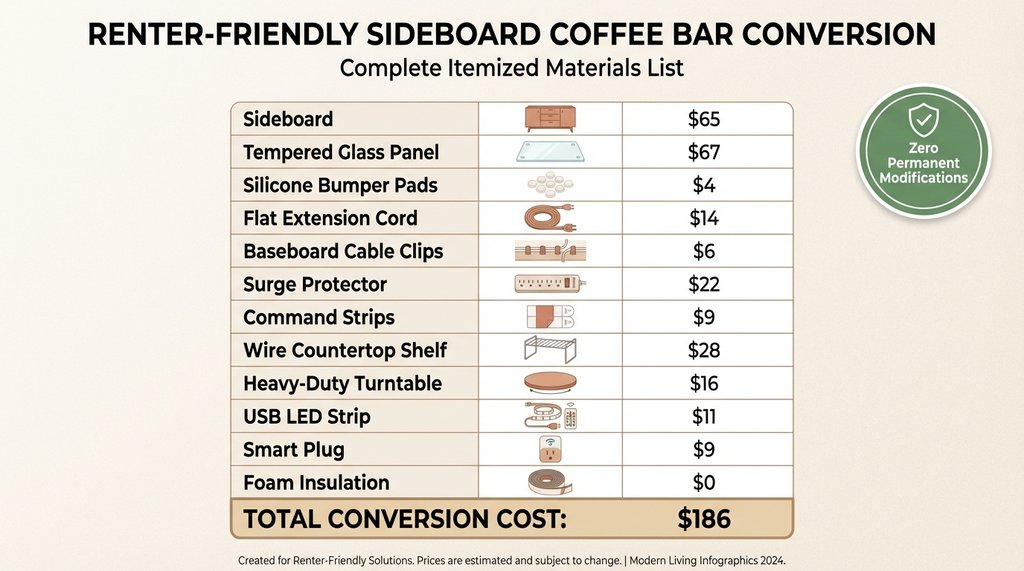 Full materials cost breakdown infographic for coffee bar sideboard conversion