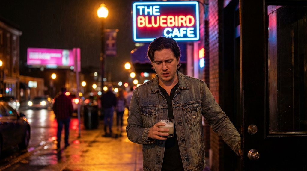 Person leaving a dimly lit bar at night, looking frustrated