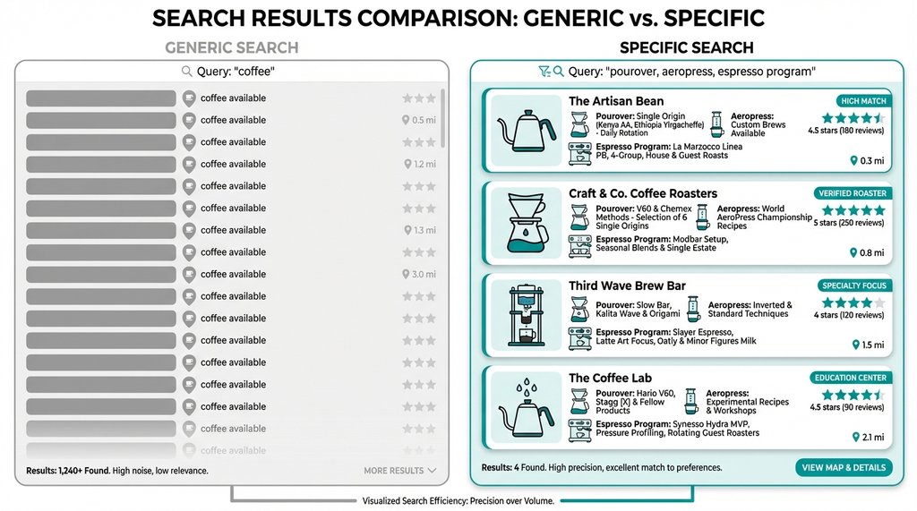 Infographic comparing generic bar coffee search results vs. specific brew method search results