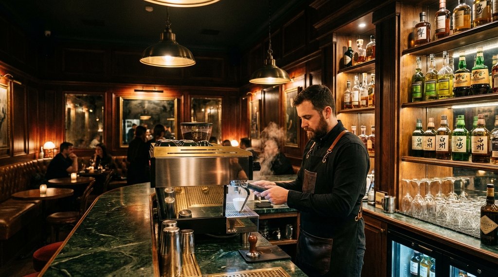Upscale cocktail bar interior with a gleaming La Marzocca espresso machine prominently displayed
