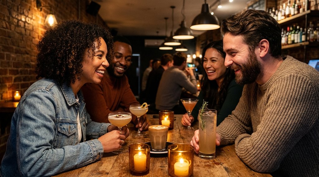 Diverse group of friends socializing at a bar, mix of coffee and cocktail drinks on the table