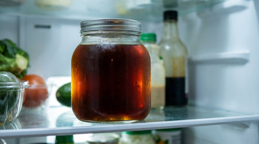 Cold brew coffee in a glass jar in a fridge