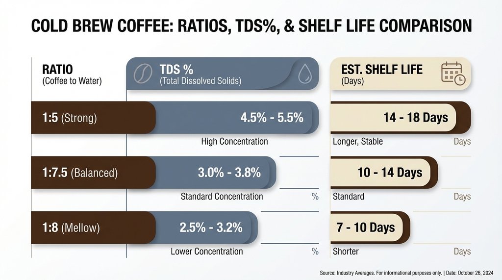 Infographic comparing cold brew TDS ratios and shelf life