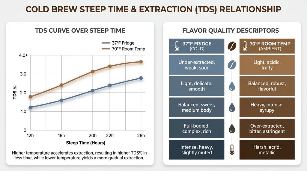 Infographic showing steep time vs TDS and flavor quality at different temperatures