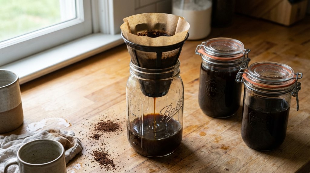 Cold brew straining setup with mesh and paper filter over mason jars