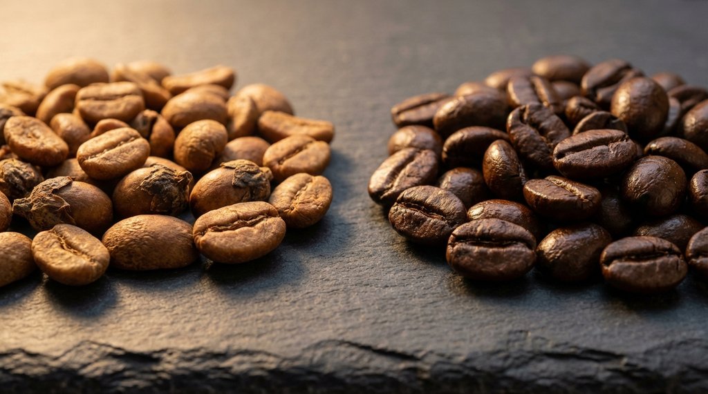 Light roast Ethiopian vs medium-dark Brazilian coffee beans side by side