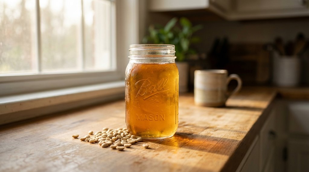 Light roast cold brew coffee in a glass jar on a kitchen counter