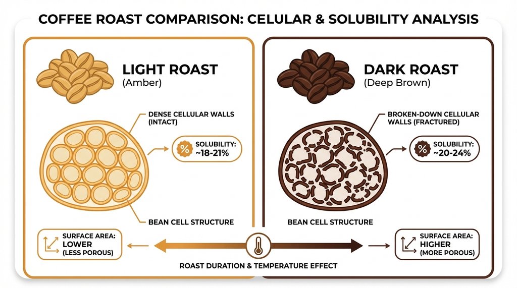 Infographic comparing light roast vs dark roast bean density and solubility