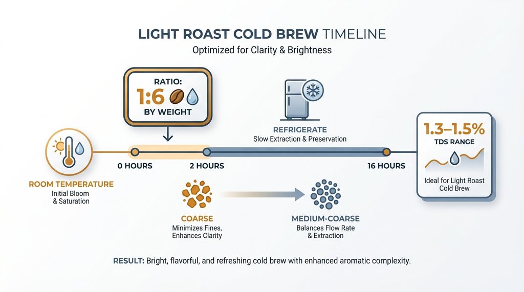 Infographic of light roast cold brew steep timeline and ratio parameters
