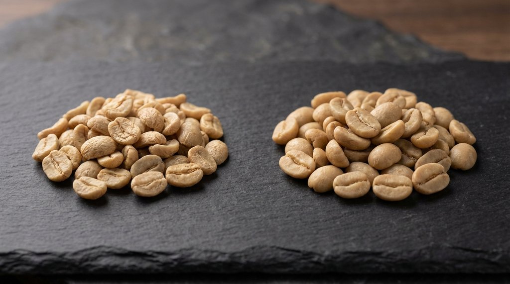 Washed Ethiopian and Kenyan light roast coffee beans up close