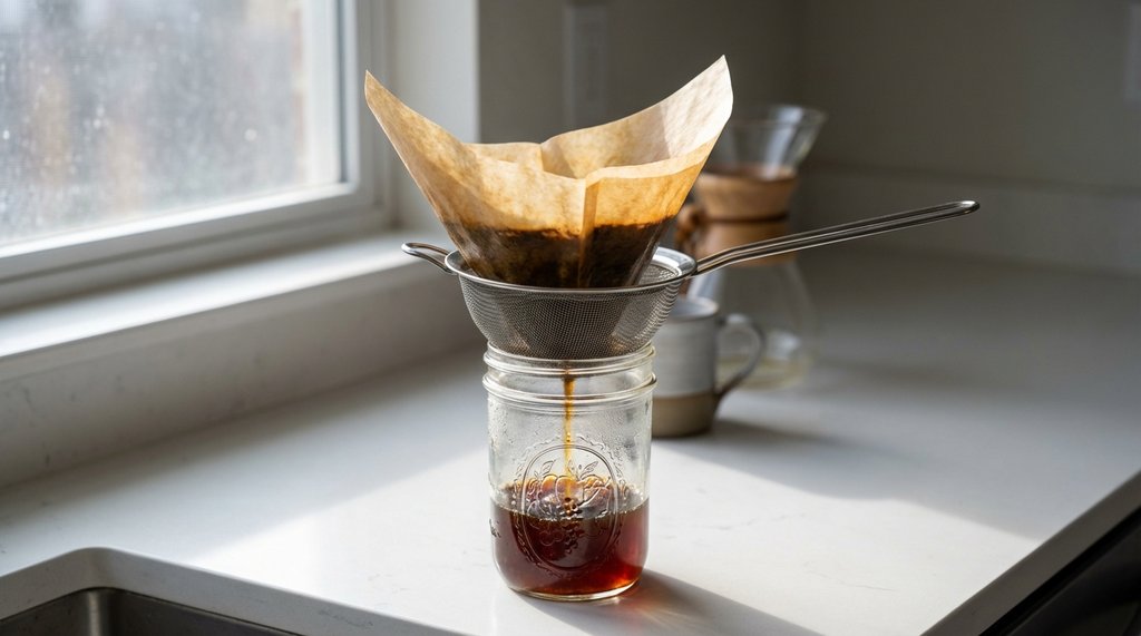 Cold brew coffee filtering setup with Chemex filter and mason jar