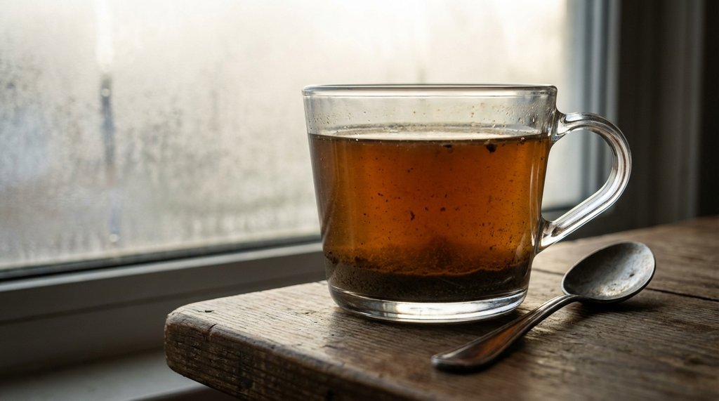 Muddy French press coffee poured into a glass cup