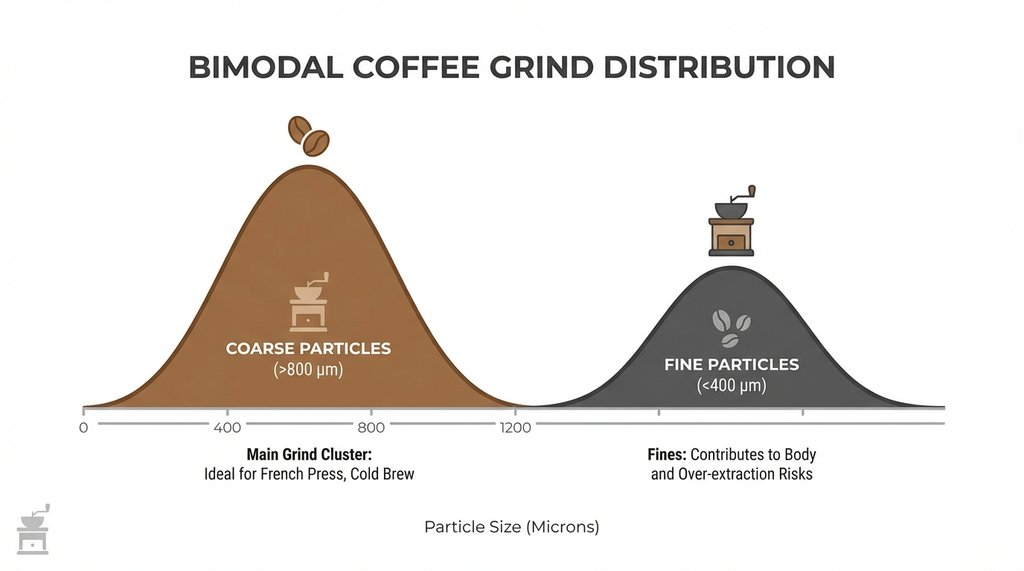 Infographic showing bimodal coffee grind particle distribution